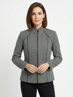 Cleo Tweed Blazer Suit Jacket Black White Full Zip Mandarin Collar Office